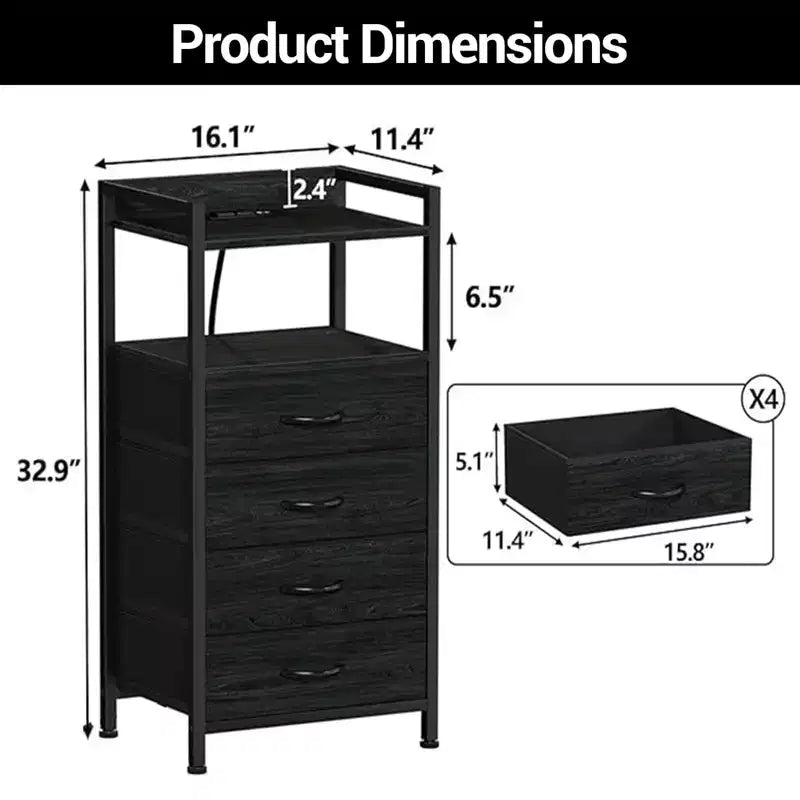 Bedside Table with 4 Fabric Drawers & Open Shelf - Multi-Functional Nightstand for Bedroom, Living Room & Office