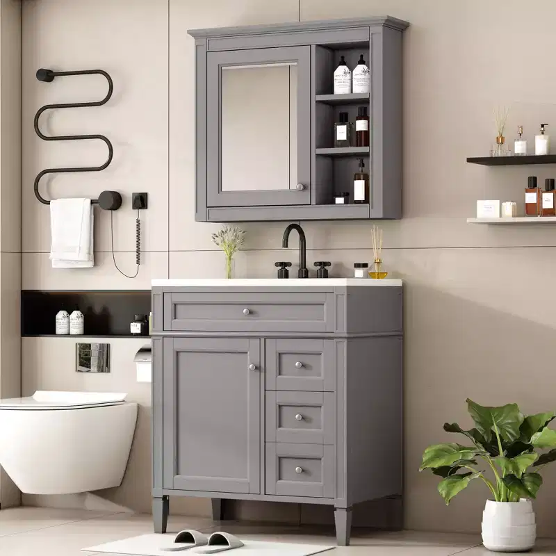 CASAINC 30'' Bathroom Vanity with Top Sink, Mirror Cabinet, 2 Drawers & Tip-out Drawer