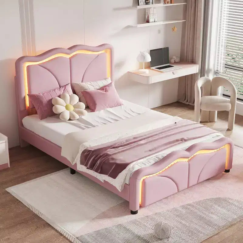 Twin/Full Upholstered Platform Bed with Curve Shaped and Height-adjustbale Headboard, PU Platform Bedframe with LED Light Strip
