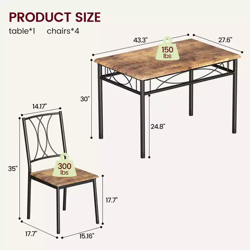 5-Piece Kitchen Table Set, Table with 4 Backrest Chairs for Dining Room, Vintage