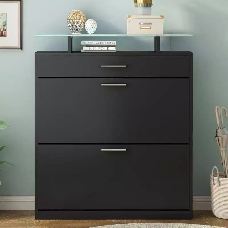 Slim Shoe Cabinet, Freestanding Shoe Organizer with 2 Flip Drawers and 1 Sliding Drawer, Shoe Storage Cabinet for Entryway, Living Room