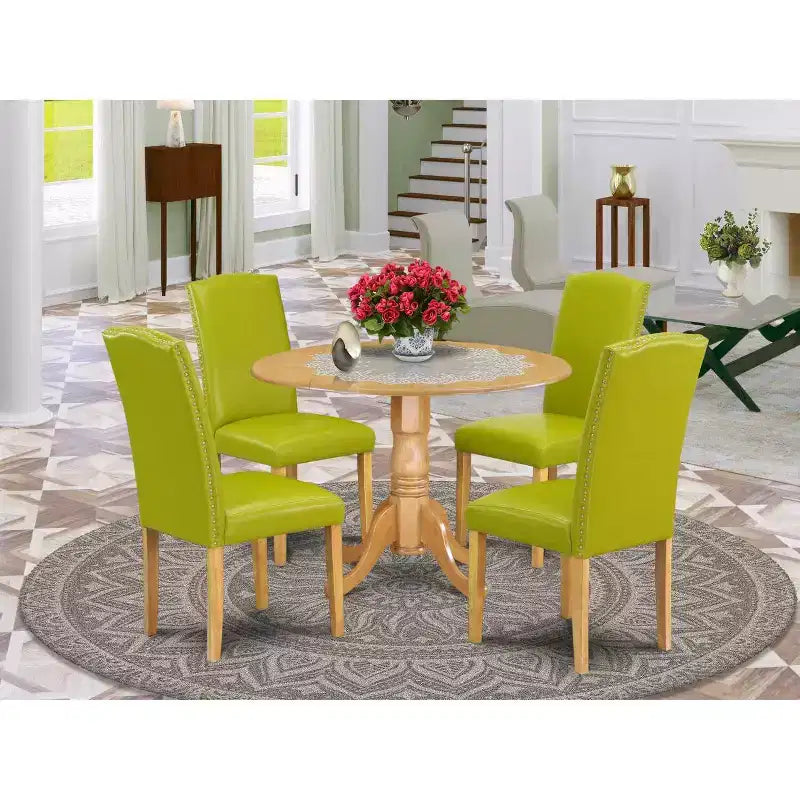 Round Kitchen Table Set 5pc 42 Table w/ Drop Leaves & 4 Parsons Chairs - Autumn Green
