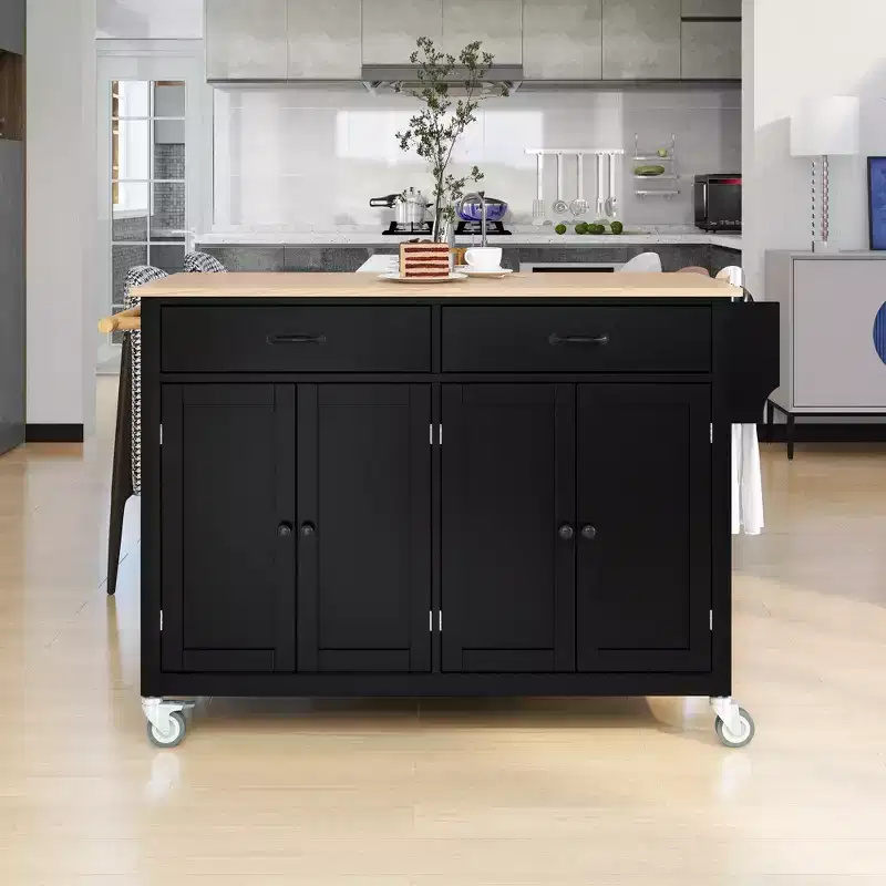Rolling Kitchen Island Cart on Wheels with Solid Wood Top and Locking Wheels, 54.3 Inch Width, 4 Door Cabinet and Two Drawers, Spice Rack