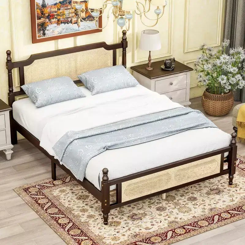 Queen Size Platform with Rattan Headboard and Footboard, Wooden Rattan Bed with Central Enhanced