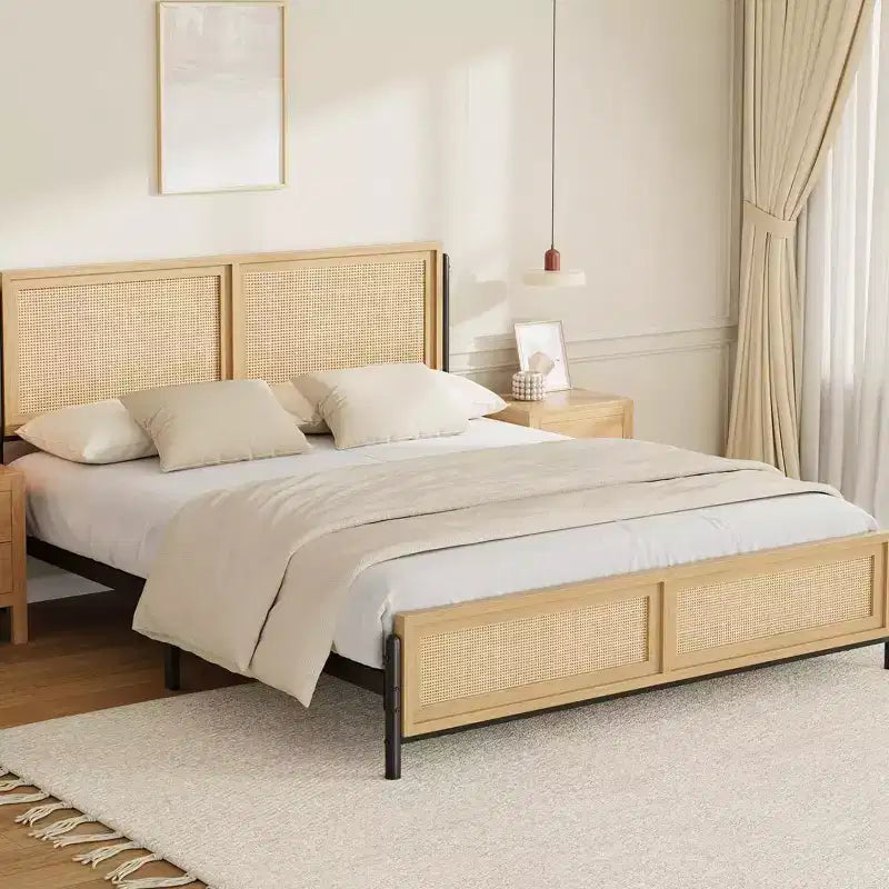 Rattan Bed Frame with Natural Rattan Headboard and Footboard, Boho Platform Bed with Metal Slats, Wooden Side Rails, Noise Free, No Box Spring Needed