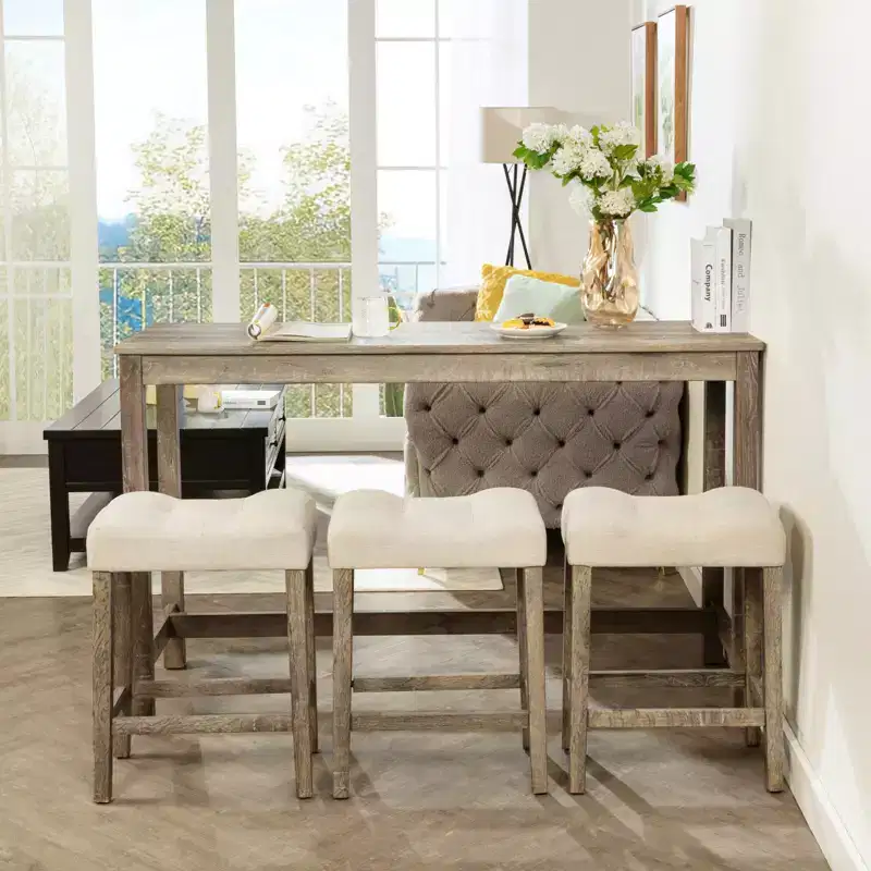 sumyeg 4 Piece Bar Table Set with Power Outlet and 3 Padded Stools for Dining or Living Room
