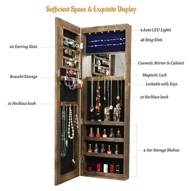 Wall Door Mounted Jewelry Cabinet with Lights, Lockable Jewelry Organizer Box, Hanging Jewelry Organizer with Large Storage Capacity
