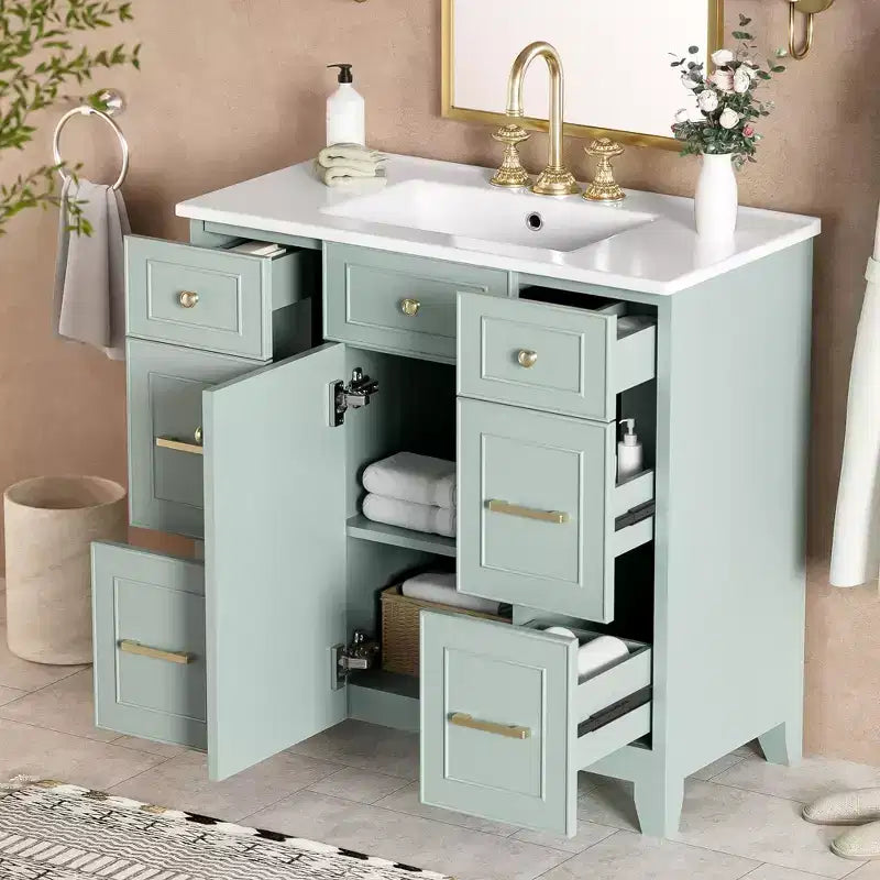 36 Green Bathroom Vanity with Sink, Bathroom Storage Cabinet with Drawers and Adjustable Shelf