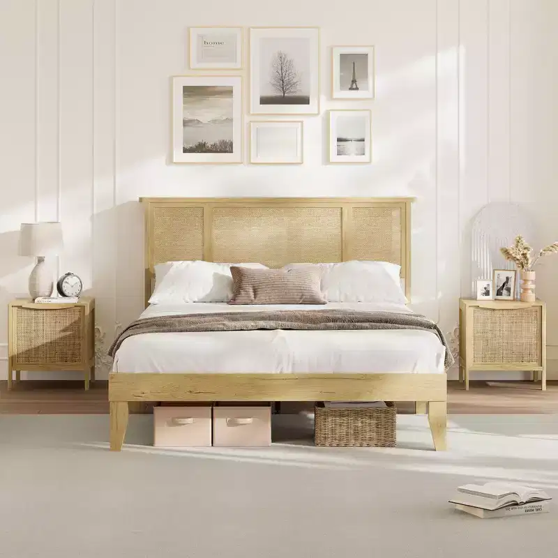 Garvee Bed Frame with Natural Rattan Headboard, Wood Slat Support, Metal Base