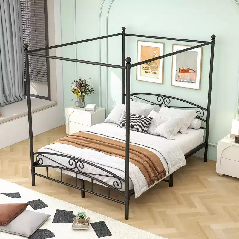 Black Queen Metal Canopy Bed Frame with Headboard & Footboard, Sleeps 1–2