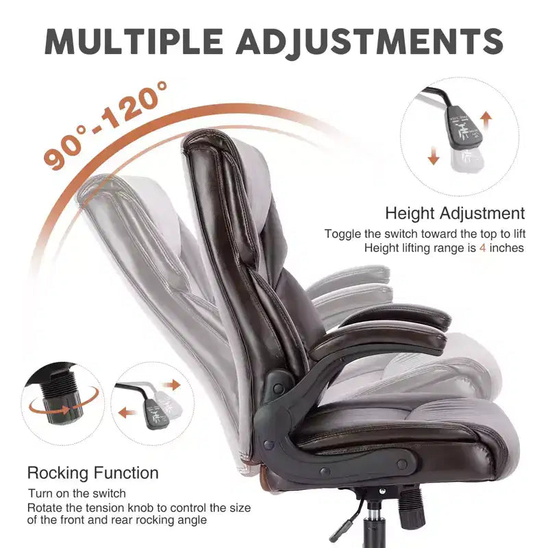 Strong Metal Base Office Chair with PU Leather, Adjustable Flip-up Armrest, and Lumbar Support