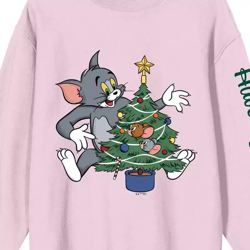 Tom & Jerry Tom Have A Jolly Christmas Crew Neck Long Sleeve Cradle Pink Adult Sweatshirt