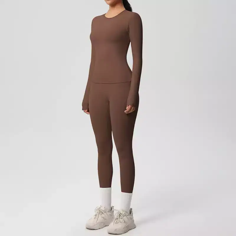 Anna-Kaci Active Women's Long Sleeve Crew Neck Top and High Waist Leggings Set with Slim Fit Design