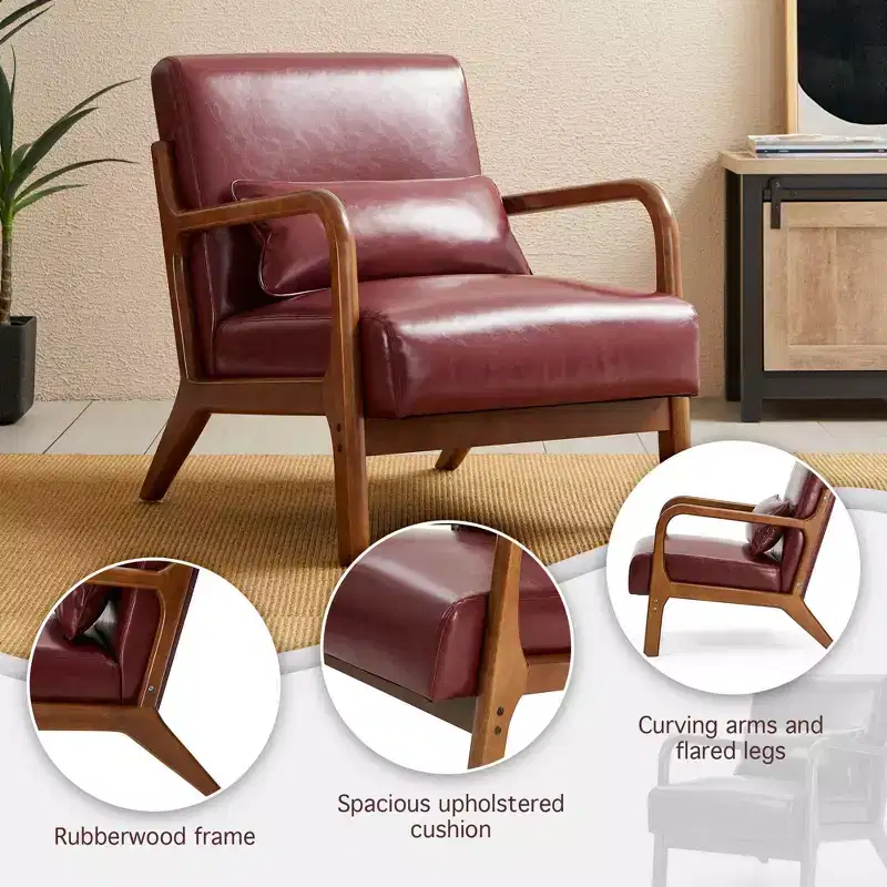 Mid-Century Modern Leatherette Arm Accent Chair Walnut Rubberwood Frame Burgundy - Glitzhome: Upholstered, 300lb Capacity