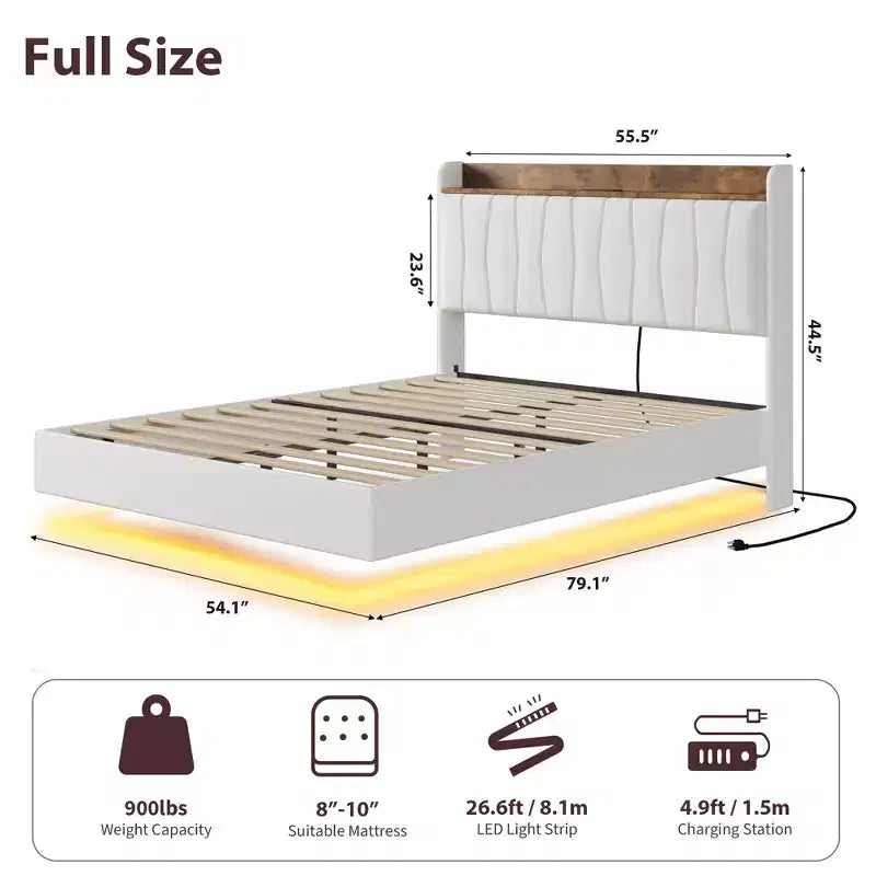 Bed Frame, Floating Platform Bed with Headboard, Wood Slats, Upholstered Bed Frame, No Box Spring Needed, Easy Assembly