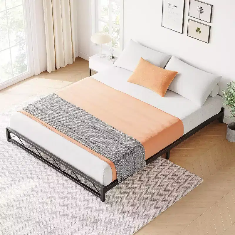1-Piece Wavy Metal Platform Bed - 6 Low Profile Queen Size, Steel Slats No Box Spring Needed, Fits Standard Mattress
