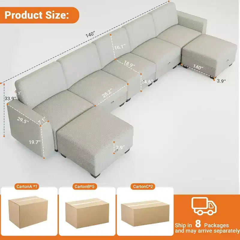 140 Large U Shaped Sectional Couch with Ottoman Chaise, Convertible Modular Sectional Sofa with Ottomans with 7 Seat for Living Room, Office, Beige