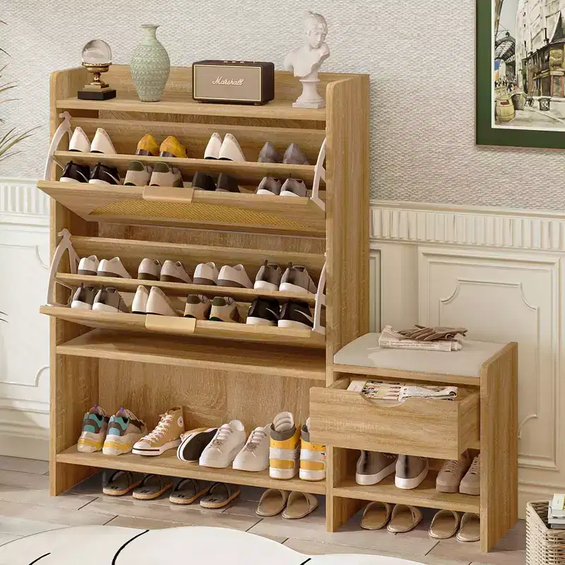 Okak 47.2in Shoe Cabinet, Freestanding Shoe Organizer with 2 Flip Drawers and 1 Large Shelf, Shoe Storage Cabinet for Entryway, Living Room, Brown