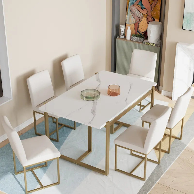 Carter Modern Rectangular Dining Set with Faux Marble Table and Six Upholstered Chairs