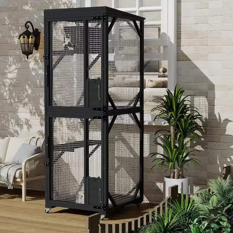 Acekool Outdoor Cat House with Wheels, Spacious Walk-in Wooden Catio Kennel for Yard or Garden