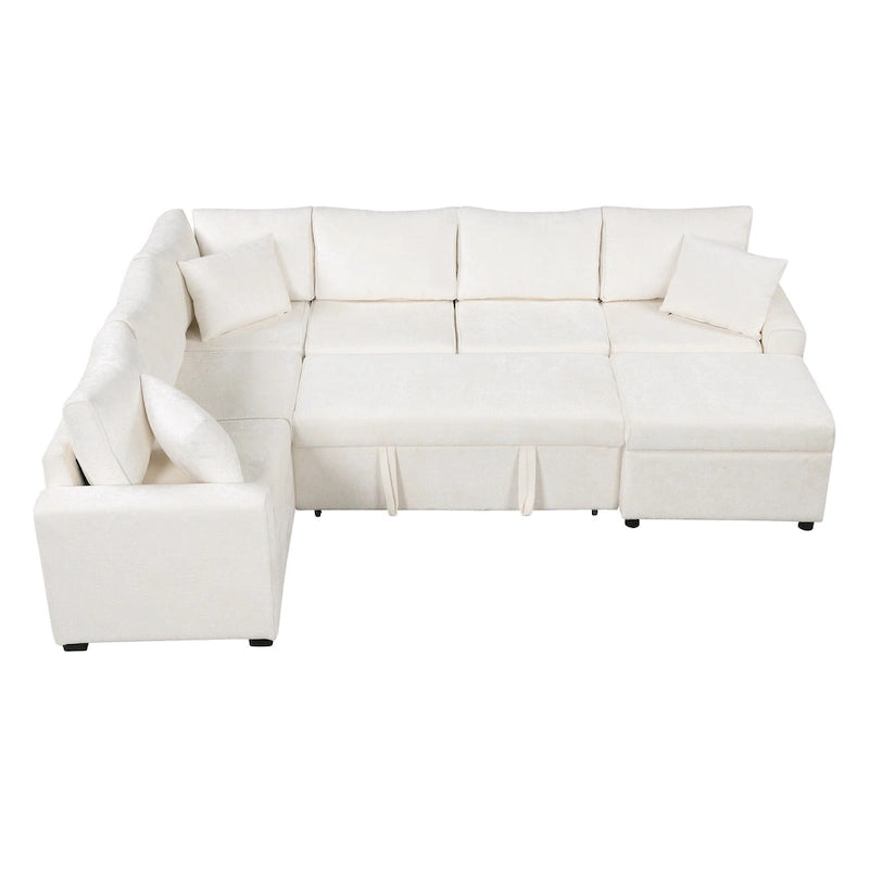 Chenille Sectional Sofa Pull-out Sofa Bed, L-Shape Sleeper Sofa with Storage Ottoman, 3 Pillows and Charging Devices