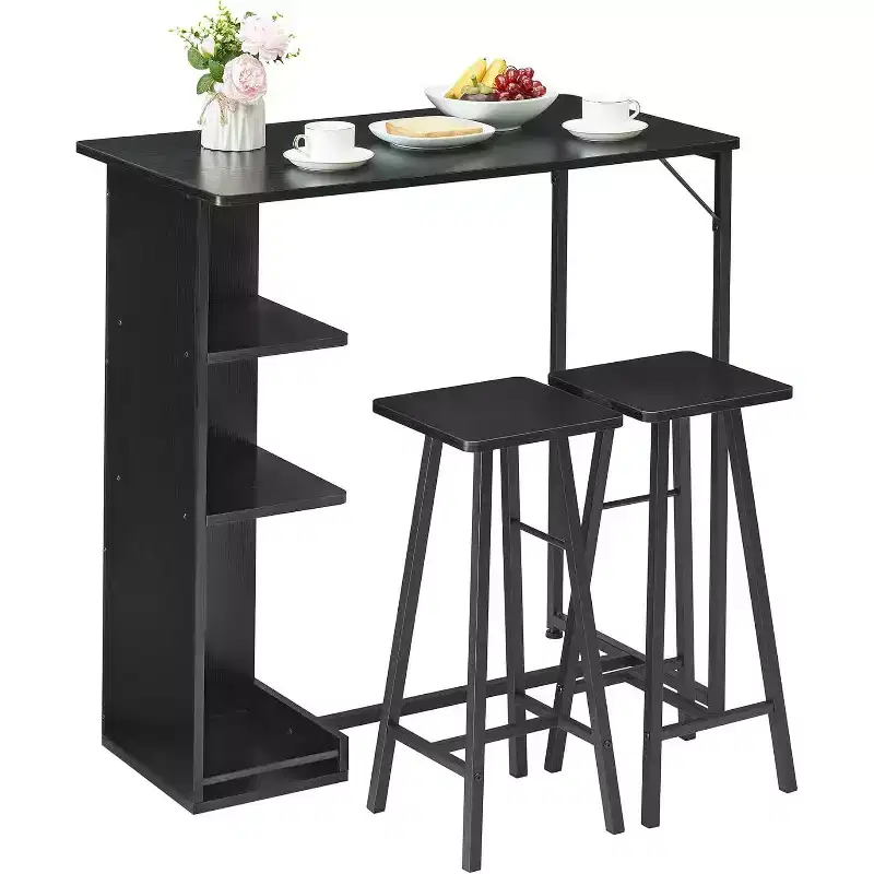 3-Piece Bar Table and Stools Set, Counter Height with Storage Shelves, Space-Saving Kitchen, Apartment & Breakfast Nook Furniture