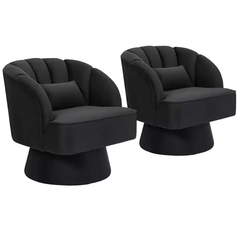 Modern Swivel Barrel Accent Chair, 360 Degree Velvet Upholstered Armchair with Striped Backrest & Plush Padding, Comfy Round Lounge Chair 2 PCS