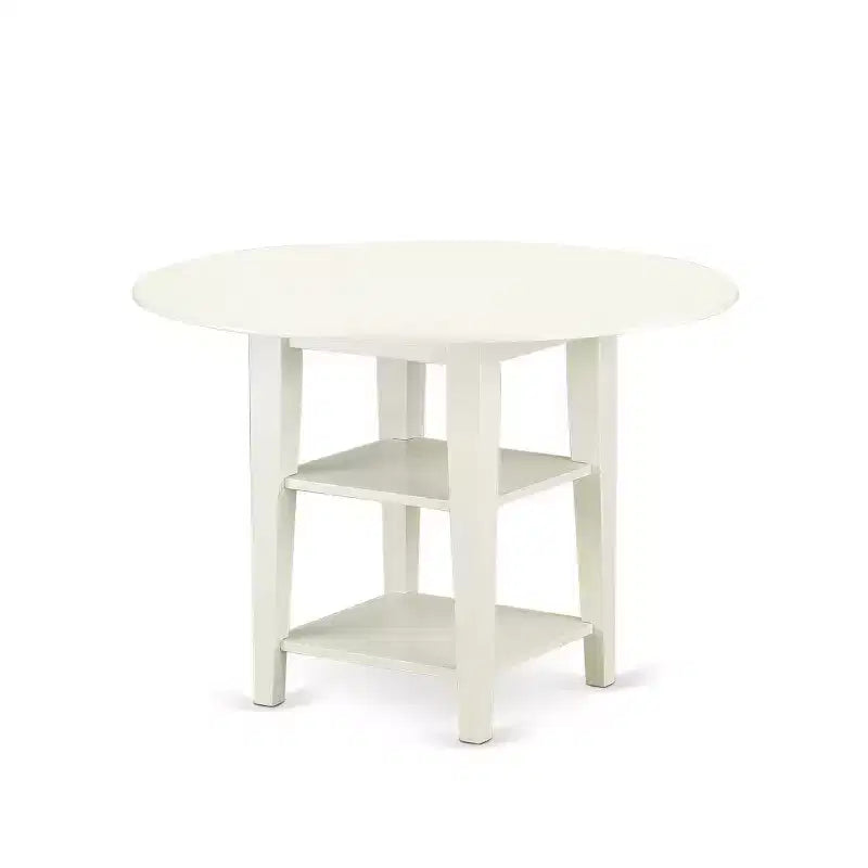 5-Pc Round Linen White Finish Solid Wood Top-Dining Room Set with Dropleaf-Seats 4
