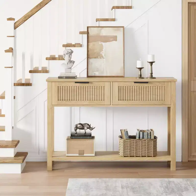 Console Table Boho Entryway Table Sofa Table Hallway Foyer Table Behind Couch Table with 2 Drawers and Open Storage Shelf for Living Room