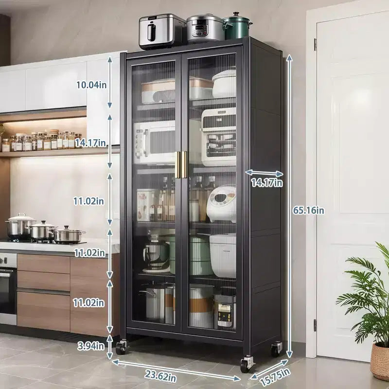 67.3 Kitchen Pantry Storage Cabinet with Acrylic Glass Door, Adjustable Shelves & Wheels,Metal Tall Food Pantries Cabinets,for Kitchen