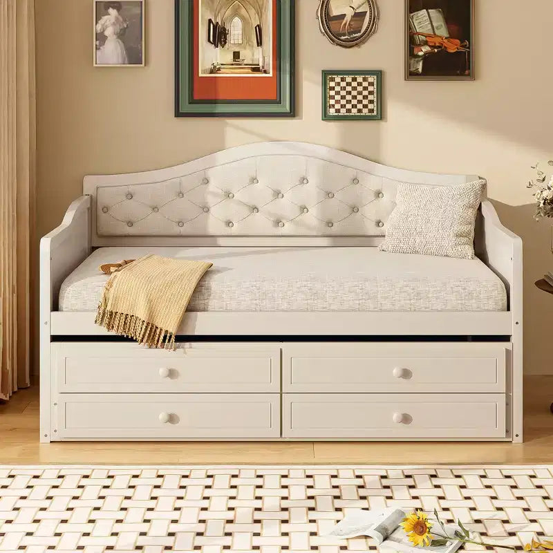 Whisen Twin Size Daybed Frame, Wooden Sofa Bed with Trundle, Button Tufted Backrest, 2 Storage Drawers