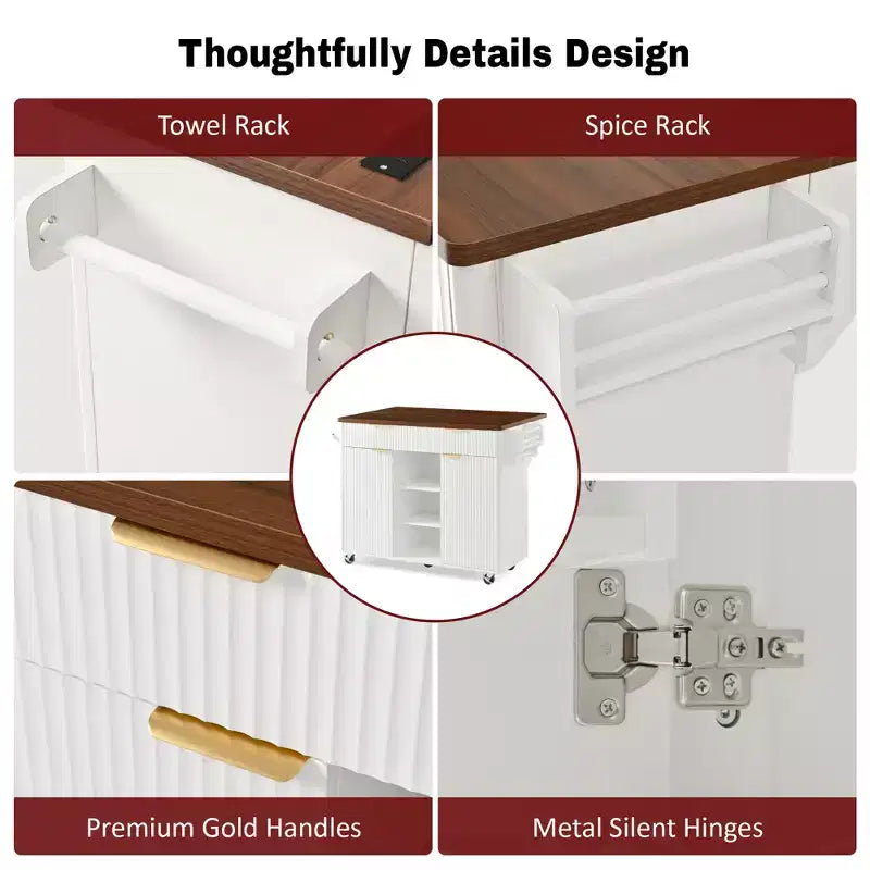 52-Inch Fluted Kitchen Island Cart with Power Outlet and Faux Marble Drop Leaf