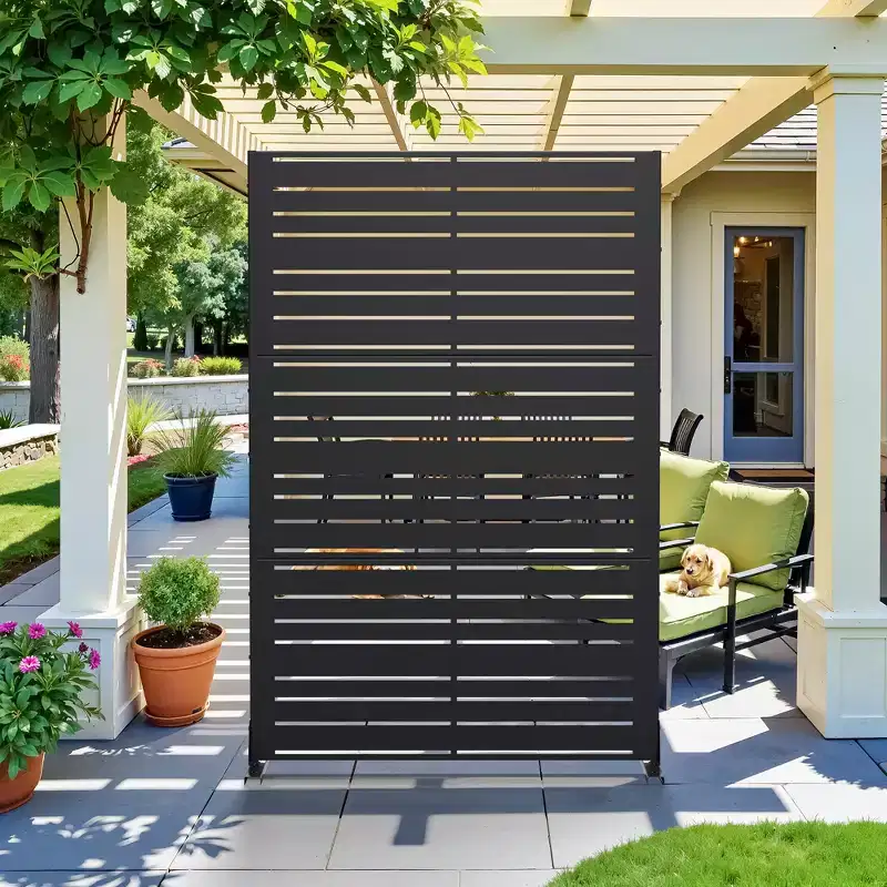 Outdoor Metal Privacy Screen 6ft 4ft Black, 6-Panel Wide-Narrow Louvered Galvanized Iron for Garden