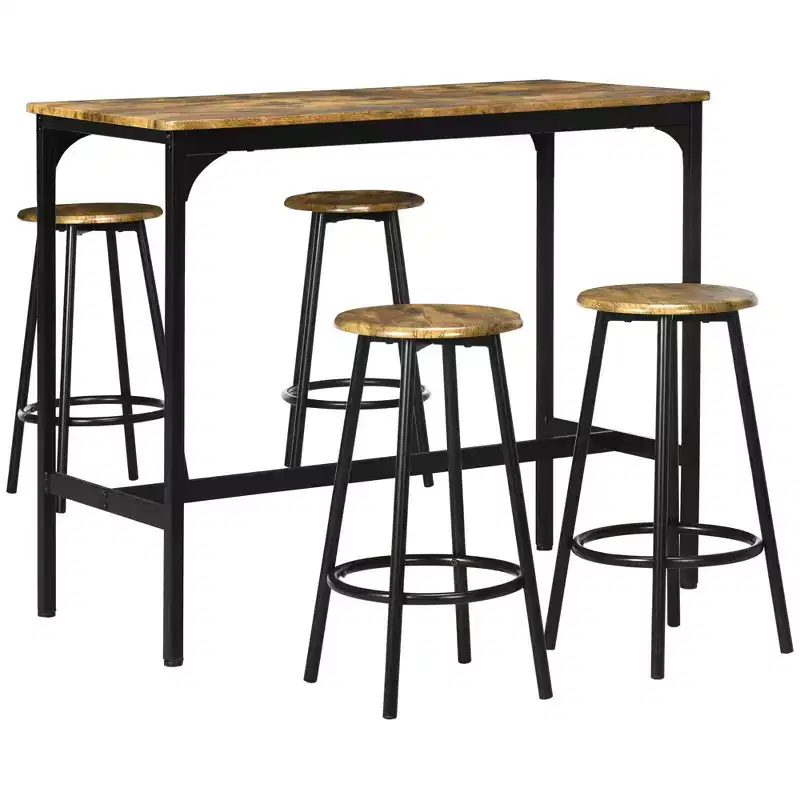 HOMCOM 5-Piece Counter Height Bar Table and Chairs Set, Rustic Bar Table with Stools, Kitchen Table 4 Chair Bar Table with Wooden Top