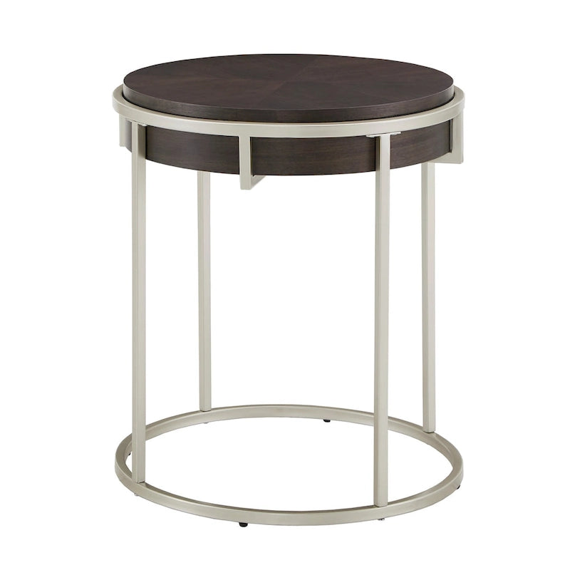 Round Coffee Table with Geometric Walnut Veneer Top and Gold Metal Base