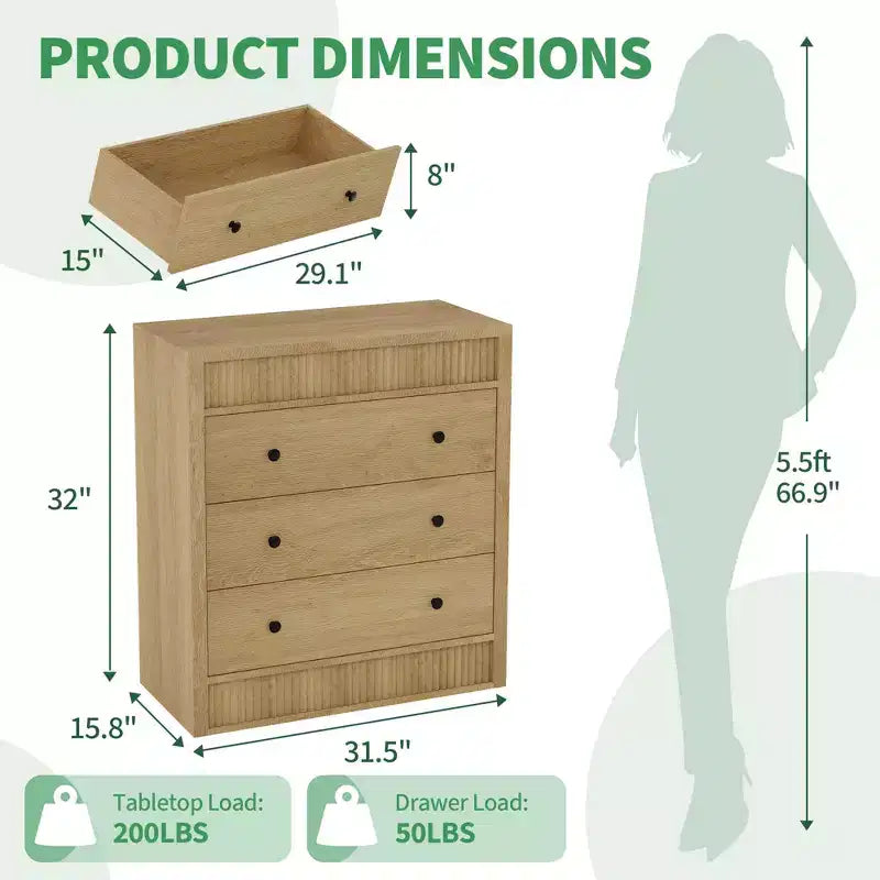 3 Drawer Dresser for Bedroom, 31.5 Wide Fluted Chest of Drawers, Modern Wooden Nightstand Storage Cabinet for Kids Room, Hallway, Living Room