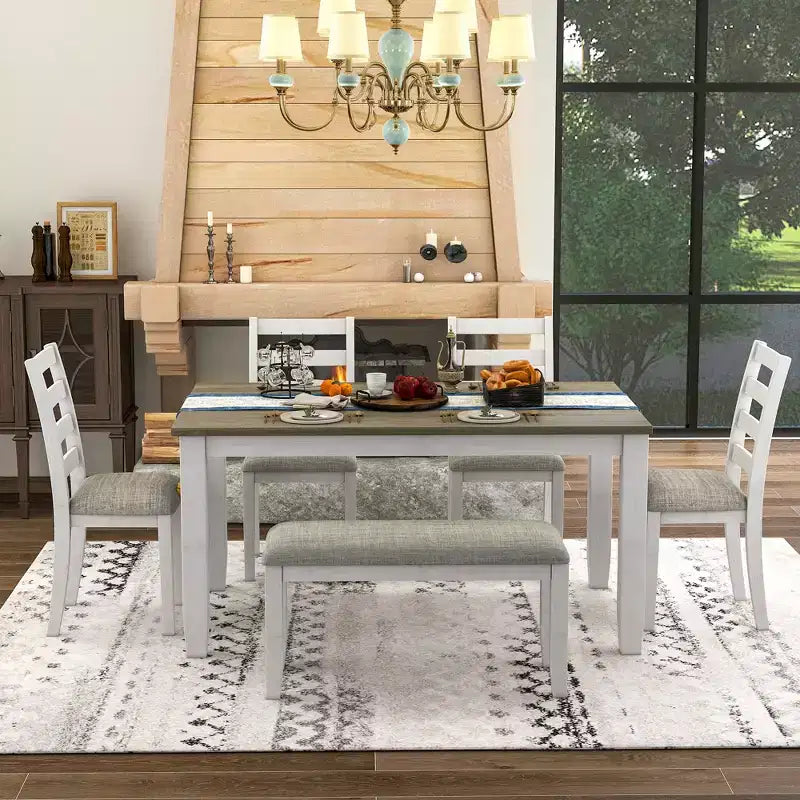 6 PCS Rustic Wood Dining Table Set, Rectangular Table with 4 Chairs & Bench-ModernLuxe