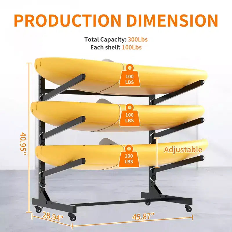 VIYET 41H Freestanding Kayak Storage Rack, Heavy-Duty Adjustable Stand with Lockable Wheels, Holds 3 Kayaks/Canoe/SUP/Surfboard (Black)