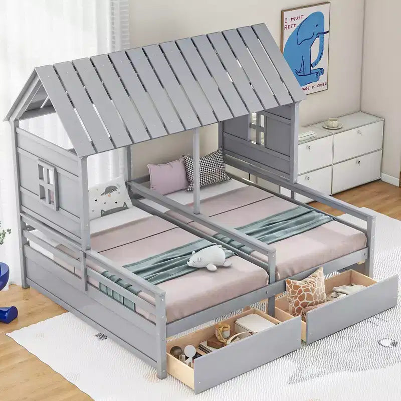 Whisen House Platform Beds with Two Drawers for Boy and Girl Shared Beds