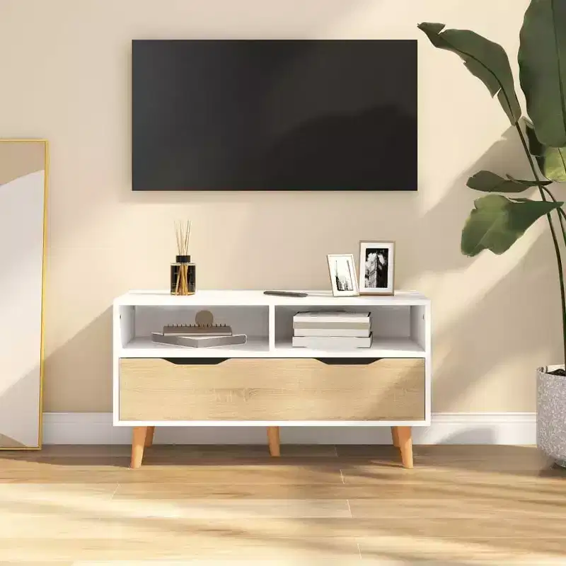 TV Cabinet White and Sonoma Oak Engineered wood Medium TV Cabinet