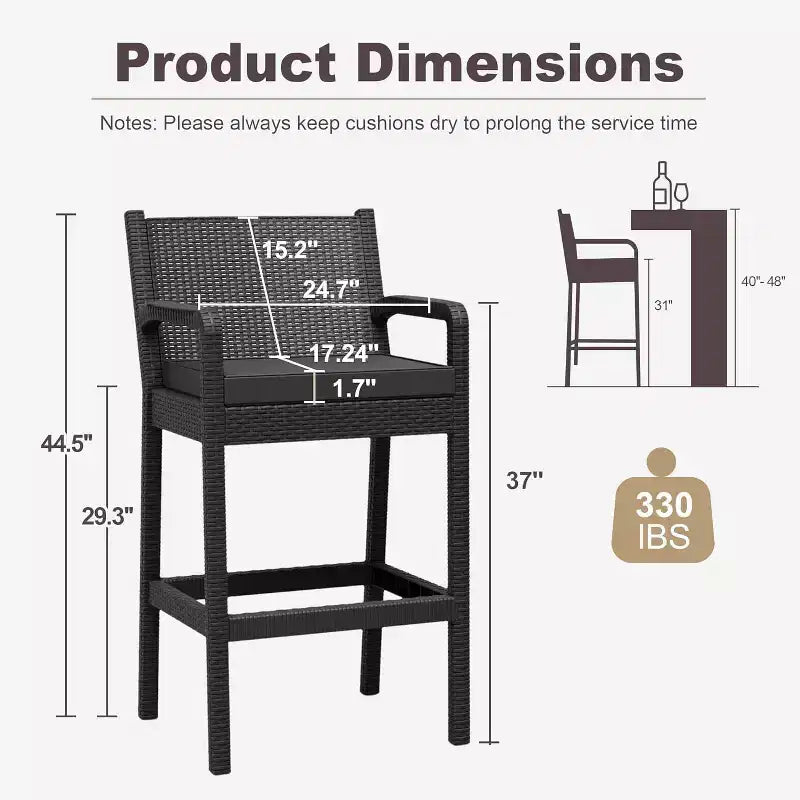 COZONY Outdoor Bar Stools Set of 4, Black Wicker Bar Height Patio Chairs with Cushions Water Resistant for Backyard Garden Pool Balcony Deck