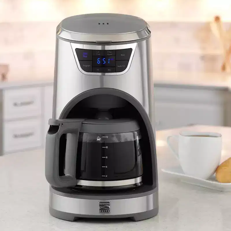 Kenmore Elite 12 Cup Stainless Steel Drip Coffee Maker: Glass Carafe, Automatic Shut-Off, LED Timer, 1000W