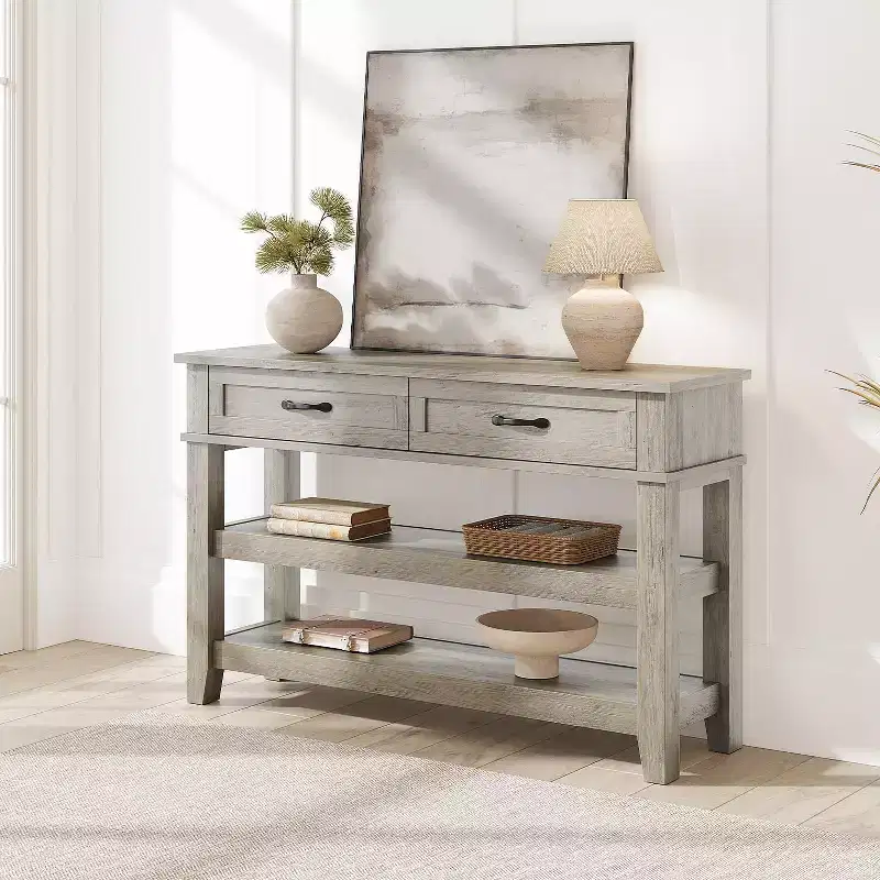 47.2 Inch Entryway Table with 2 Drawers, 3-Tier Farmhouse Wooden Console Table with Open Shelves, Hallway Sofa Table for Living Room in Gray