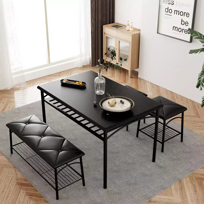 Dining Table Set for 4,with Upholstered Bench & Square Stools & Storage Shelves,Metal & Wood Dining Room Kitchen Table Set for Small Space,Apartment