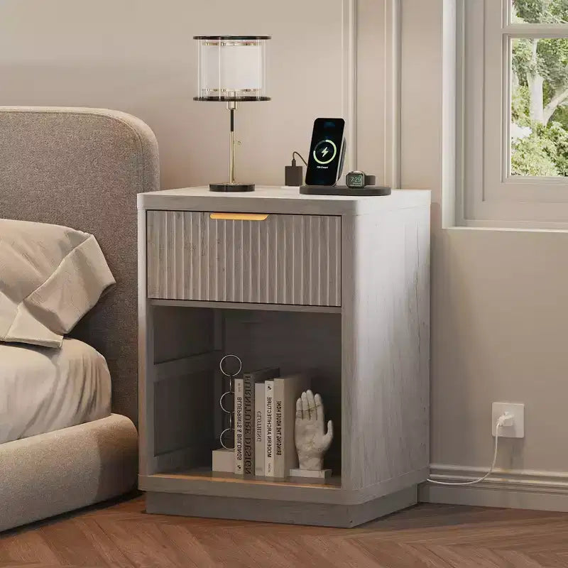 Fluted Nightstand with Charging Station and Drawers