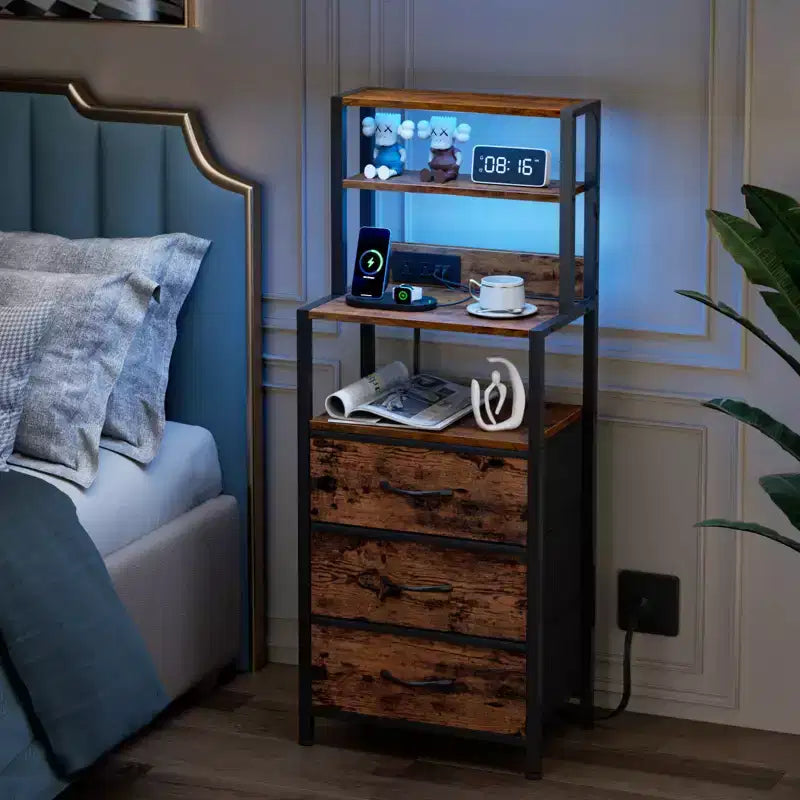 Tall Brown Nightstand 4 Tier Storage Shelves 3 PU Fabric Drawers Modern Bedside Table Narrow Accent Side End Table Organizer for Bedroom Living Room
