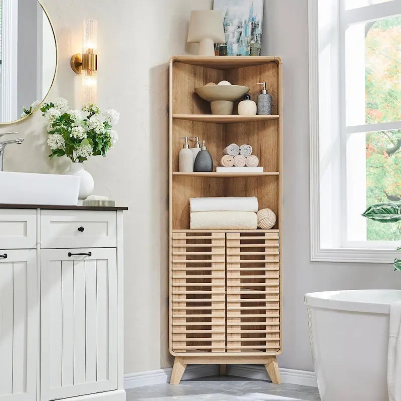 68 in. Slatted Door Tall Corner Cabinet, Mid-Century Style