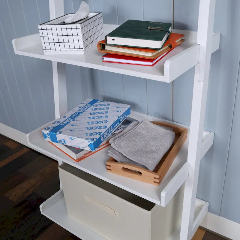 5-Tier Leaning Ladder Shelf Bookcase with Solid Wood Legs