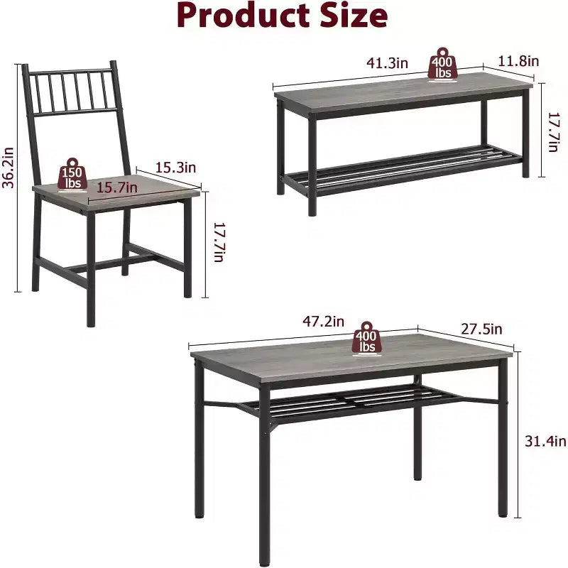 Dining Table Set for 4, 47.2 Rectangular Kitchen Table Set with 2 Backrest Chairs, 1 Bench