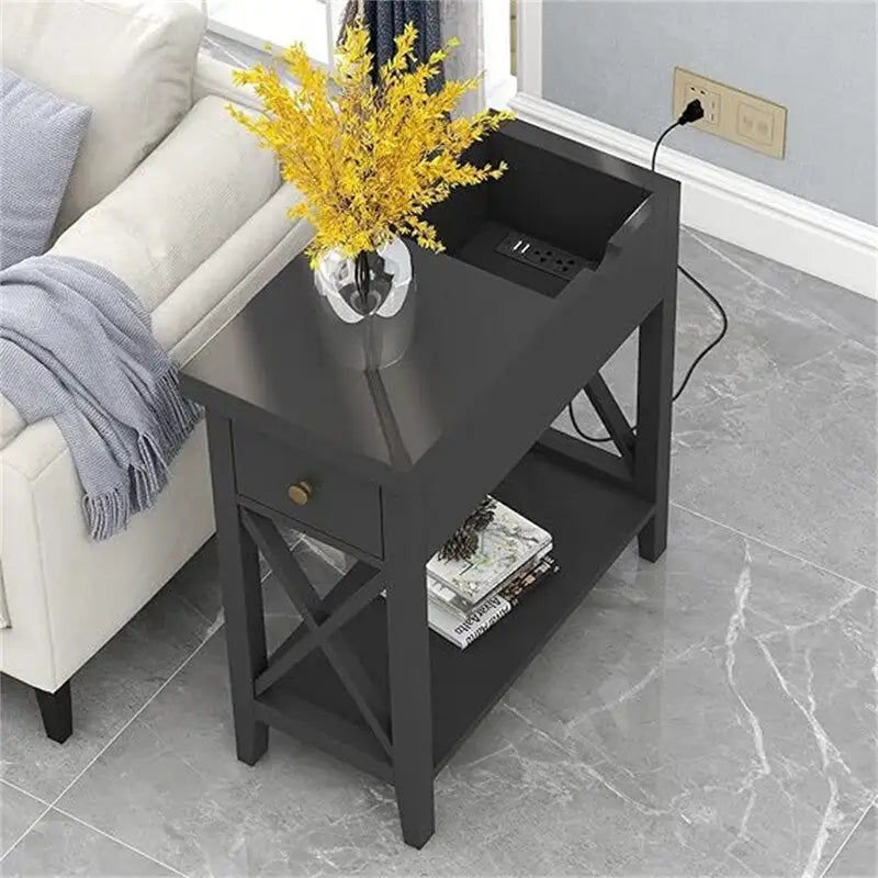 Narrow End Table with Flip Top Drawer and Charging Station